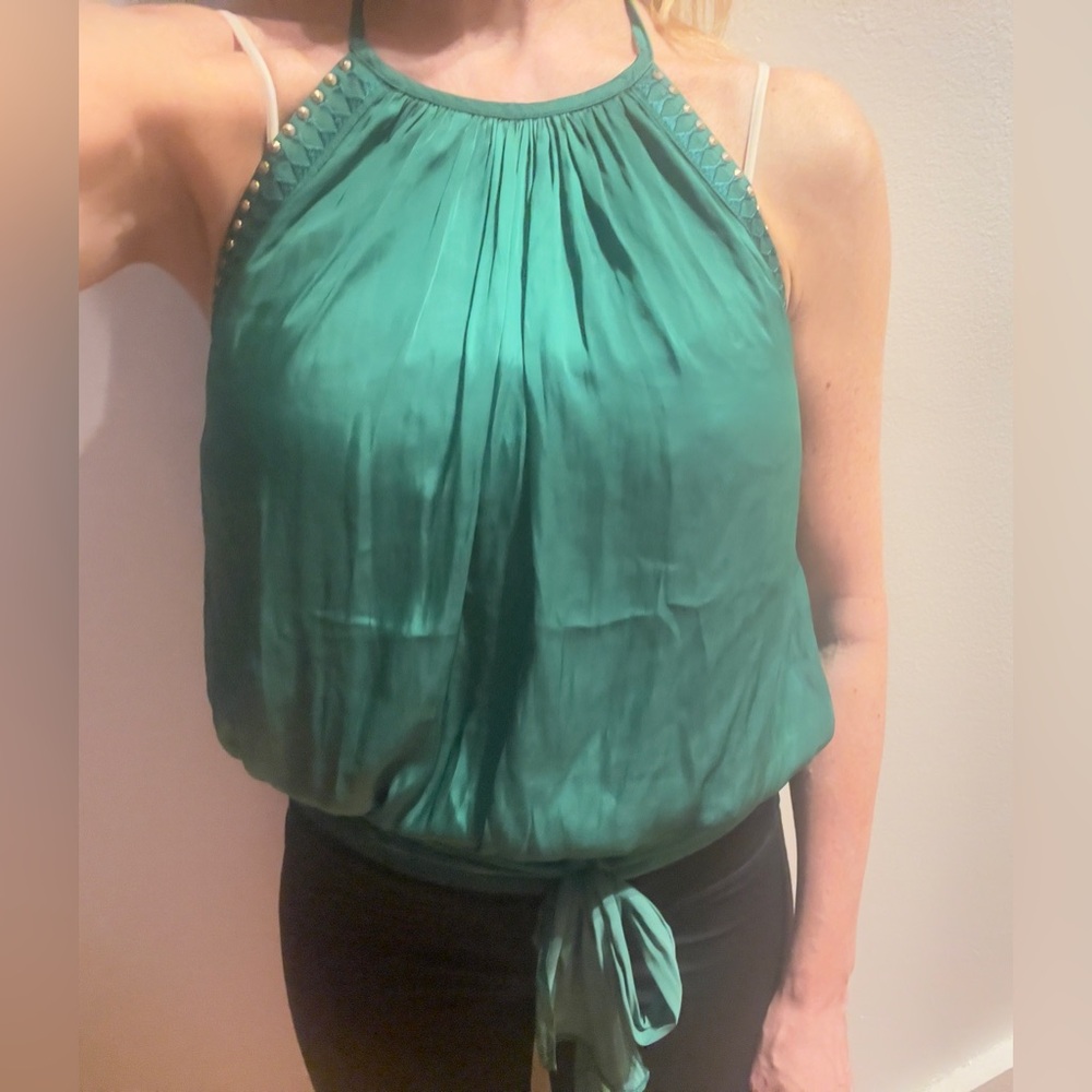 Ramy Brook emerald  Green Halter Tank Top with rivets sz S